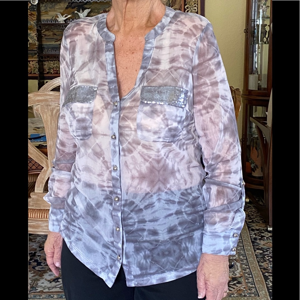 Inc. Gray Silver Glitz Button Blouse Mesh Sheer.